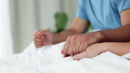 Wall Mural - Infertility, support, and couple holding hands while in bed together, loving and showing empathy. Erectile dysfunction, depression, and marriage conflict by man and woman discussing forgiveness