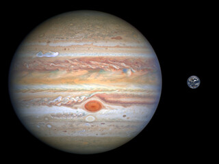 Wall Mural - accurate size comparison of earth and jupiter. planet of solar system.