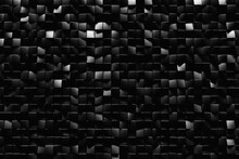 3D Rendering. Black Pattern Of Cubes Of Different Shapes. Minimalistic Pattern Of Simple Shapes, Similar To The Tops Of Mountains. Bright Creative Symmetric Texture