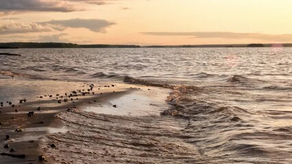 Wall Mural - Surf waves near shore. Beautiful footage of sea tide. Waves at sunset run along rocky shore.