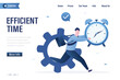 Efficient time, landing page template. Businessman runs away from large gear. Confident male manager holds alarm clock in hand. Efficiency in business, work productivity, deadline.