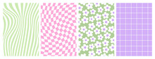 Y2k Backgrounds. Waves, Swirl, Twirl Pattern. Vector Posters With Daisy, Chessboard, Mesh. Twisted And Distorted Texture In Trendy Retro 2000s Style. Lilac, Pink And Green Color.
