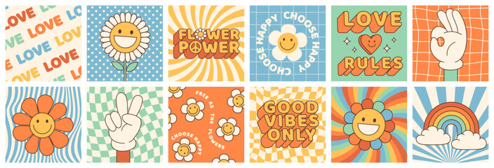 Groovy hippie 70s set. Funny cartoon flower, rainbow, peace, Love, heart, daisy, mushroom etc. Sticker pack in trendy retro psychedelic cartoon style. Isolated vector illustration. Flower power.