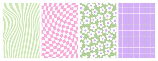 Wall Mural - Y2k backgrounds. Waves, swirl, twirl pattern. Vector posters with daisy, chessboard, mesh. Twisted and distorted texture in trendy retro 2000s style. Lilac, pink and green color.
