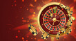 Twist gold poker chips, tokens on  golden casino roulette wheel on red background with golden light, rays, glare, sparkles. Vector illustration for casino, game design, advertising.