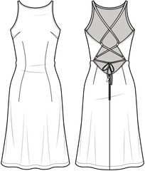 Wall Mural - Bohemian Dress, Crisscross Back Spaghetti Straps Sleeveless dress Front and Back View. Fashion Illustration, Vector, CAD, Technical Drawing, Flat Drawing, Template, Mockup.