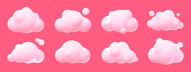 Wall Mural - 3d illustration set of white clouds isolated on pink background. collection of soft, round, fluffy c