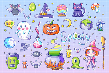 Wall Mural - Pixel art halloween geek sticker set. 8bit retro gamer halloween stuff like cute witch, pumpkin, ghost, candle, bat, spider, mood and stars. Vector graphic for labels, stickers and emoji.