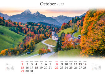 Wall calendar for 2023 year. October, B3 size. Set of calendars with amazing landscapes. Colorful autumn view of Bavaria Alps with Maria Gern church. Monthly calendar ready for print.