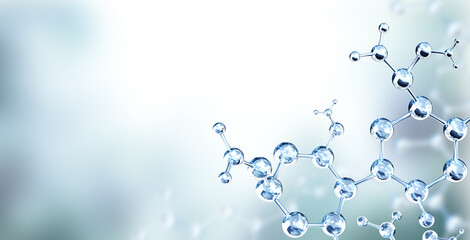 horizontal banner with model of abstract molecular structure. background of gray color with glass at