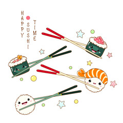 Wall Mural - Stack of cute sushi and rolls in kawaii style with smiling faces. Japanese traditional cuisine dishes. Can be used for t-shirt print, sticker, greeting card, menu design. Vector illustration EPS8  