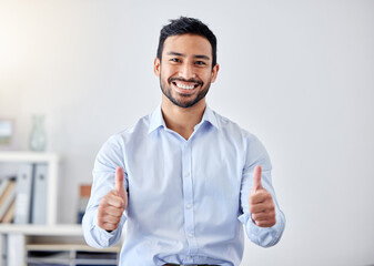 Canvas Print - Thumbs up, work success and business man in support of startup company, management thank you in office and happy with corporate goal. Portrait of Asian worker with agreement hand sign for career