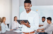 © C Davids/peopleimages.com - Tablet planning, African manager and meeting with team in office at work, happy with design for website and strategy in email on the internet. African employee reading email on the web in seminar