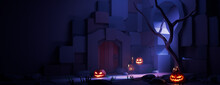 Low Polygon Halloween Courtyard Illustration With Pumpkin Lanterns, Tree And Candles. Halloween Background With Copy-space.