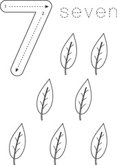 Wall Mural - Flashcard number 7. Preschool worksheet. Black and white leaves.