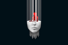Modern Design, Concept Of Depression, Melancholy, Pessimism, Loneliness. Red Depressed Man Behind Bars In The Head. Unhappy, Sad Man In A Bad Mood. 3D Render, 3D Illustration.