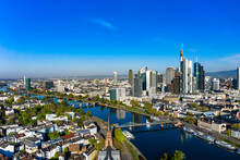 Germany, Hesse, Frankfurt, Aerial View Of River Main And Downtown Skyscrapers