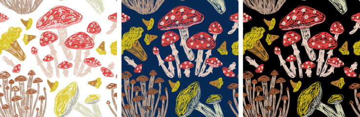 Mushrooms seamless pattern set. Boletus edulis, chanterelle, boletus and cantharellus cibarius. Hand drawn vector illustration. Pen or marker doodle sketch