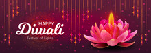 Happy Diwali Luxury Purple Horizontal Website Header Vector Illustration. Fairy Lights And Lotus Diya. Hindu Festival Celebration Banner Design. Social Media Post, Promotion, Advertisement, Invitation