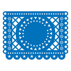 Papel Picado vector template design with round blank space for text inspired by traditional cut out fiesta decorations from Mexico in blue
