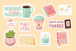 Set essentials self care stickers for study, rest, mental health in pink pastel colors in cartoon style isolated on white background. Books, coffee cups,memo board and calendar, phone and plant.
