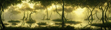 Swamp In A Forest, Lush Flooded Woodland With Old Trees, Background Banner