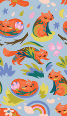 Wall Mural - Cute foxes seamless pattern. Cartoon foxes characters silhouette decorated leaves and flowers inside 