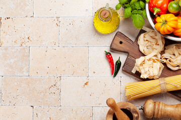 Wall Mural - Various colorful garden tomatoes and pasta