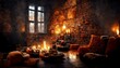 Old fantasy living room interior in castle with candles and chairs