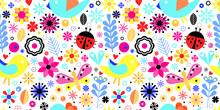 Vector Seamless Pattern With Bird, Flower, Butterfly And Ladybird. Scandinavian Folk Repeated Background With Colorful Nature Vibrant Elements. Eps 10