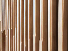 Beautiful Abstract Pattern Of Light Color Wood Vertical Stripe In Angle With Edge Beveled In Random Rhythm