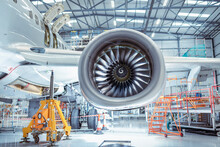 Large Jet Engine In Aircraft Maintenance Hangar