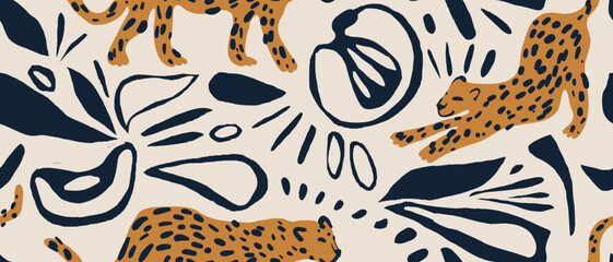 Ethnic style ornament with leopards. Hand drawn abstract organic shapes pattern. Collage contemporary print. Fashionable template for design. 