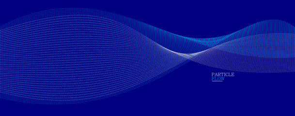 Blue dots in motion dark vector abstract background, particles array wavy flow, curve lines of points in movement, technology and science illustration.