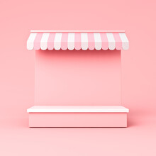Kiosk Stand Exhibition Booth Store With Product Shelf Or Blank Display Shop Stand With Pink Striped Awning Isolated On Pink Pastel Color Background Minimal Conceptual 3D Rendering