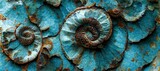 Fototapeta Do akwarium - Elaborate and unique calcified ammonite sea shell spirals embedded into rock. Prehistoric fossilized beauty of an ancient past with colorful iridescent texture and surface patterns art.