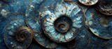Fototapeta Do akwarium - Elaborate and unique calcified ammonite sea shell spirals embedded into rock. Prehistoric fossilized beauty of an ancient past with colorful iridescent texture and surface patterns art.