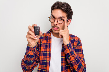 Wall Mural - Young hispanic man holding car keys isolated on white background pointing temple with finger, thinking, focused on a task.