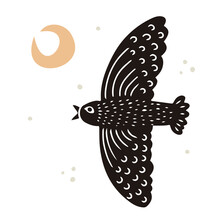 Hand Drawn Flying Childish Bird With A Crescent Moon In Linocut Style, Textured Silhouette Vector Illustration , Isolated On White