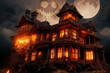 candlelight lit Victorian house of terror with a full moon with horror pumpkin smiling the night. The Halloween theme of horror house in the dark. 3D illustration and fantasy digital painting.