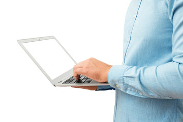 Man in shirt holding laptop isolated on white background