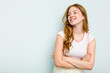 © Asier - Young caucasian woman isolated on blue background smiling confident with crossed arms.