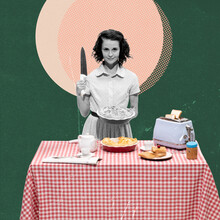 Contemporary Art Collage. Young Woman Standing With Knife And Apple Pie. Creepy Look. Movie Inspiration