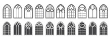 Church Windows Set. Silhouettes Of Gothic Arches In Line And Glyph Classic Style. Old Cathedral Glass Frames. Medieval Interior Elements. Vector