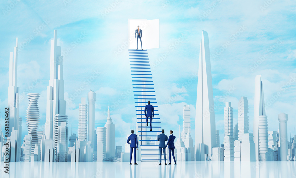 Businessman climbing up the ladder of success in the big modern city ...