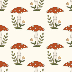 Wall Mural - Seamless vector pattern with poisonous mushrooms in 70s art style. Retro groovy toadstool background. Cartoon amanita texture. Vintage boho illustration