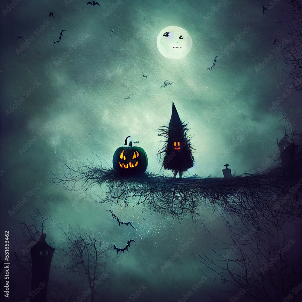 spooky halloween night creatures , digital art Stock