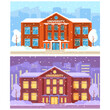 Winter university campus building night and day.Higher education institutions.Vector flat illustration.