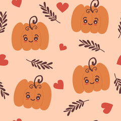 Wall Mural - cute lovely autumn season seamless vector pattern background illustration with cartoon character orange baby pumpkins, brown leaves and red hearts