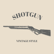 Logo Old Shotgun Hunting Vintage Style. Suitable For Advertising, Hunt Equipment, Club And Other Use. Dark Brown Retro Style. Vector Illustration Template Design